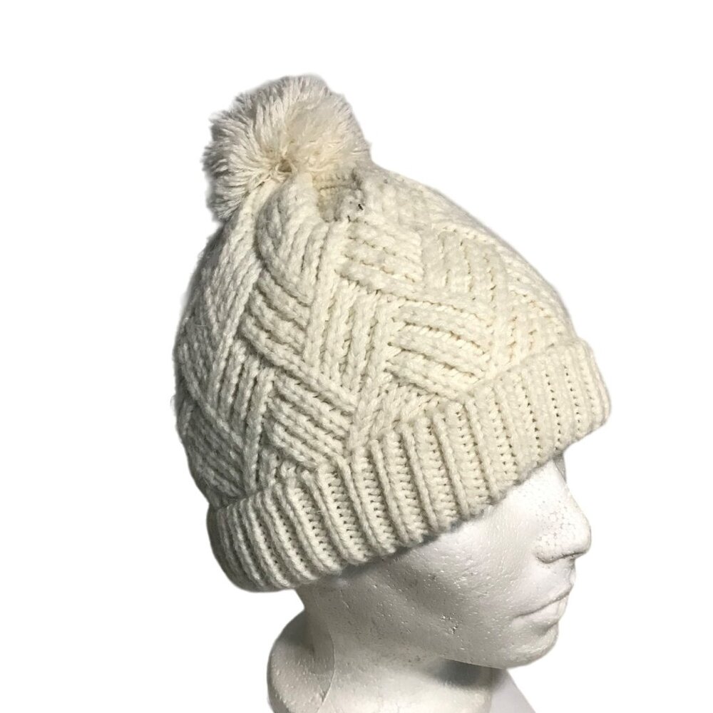 Zara Womens Cream Knit Beanie Hat With Pom Pom